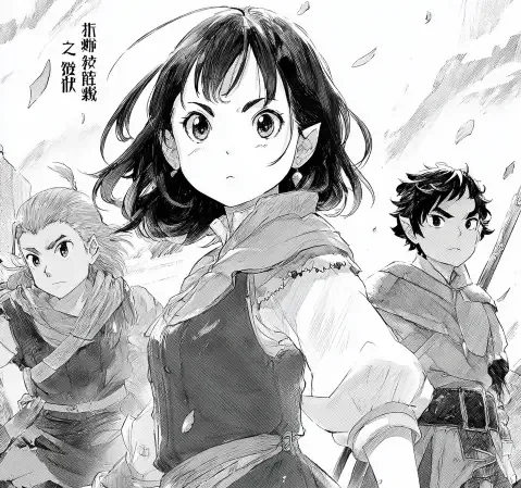 奇幻题材漫画封面，少女与白狐站在古树前